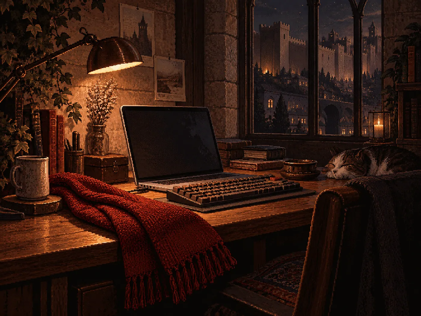 A red scarf beside a quiet developer workspace overlooking a walled city